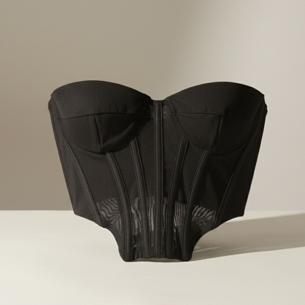 Bardot Black Sheer Corset Tube Top Size M Boning Strapless Stretch Bustier
